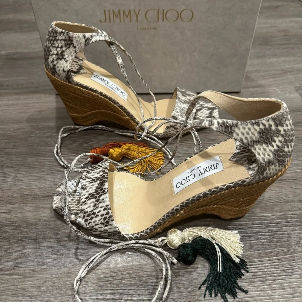 Jimmy Choo Deva 85 Roccia Snakeskin Leather Wrap Around Tassel Wedge Sandal